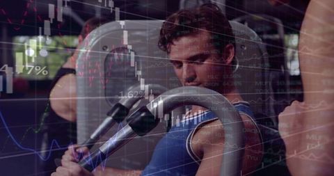 Man pressing chest-press machine at gym with financial market charts overlay