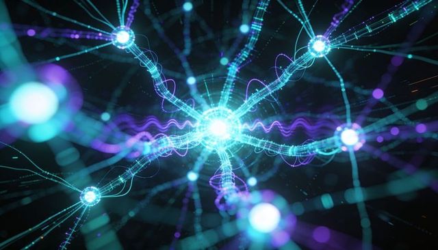 Radiating neural hub emitting glowing cyan and purple filaments in futuristic network