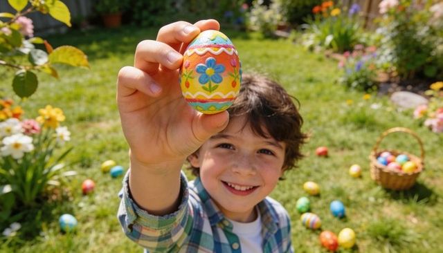 Smiling boy offering painted easter egg in sunny backyard during colorful spring egg hunt