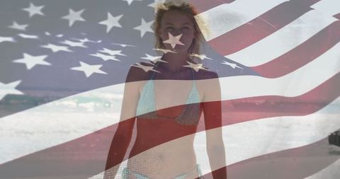 Woman Enjoying American Summer by Beach with Flag Overlay