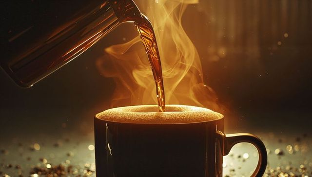 Steaming Coffee Pours into Dark Ceramic Mug with Golden Light