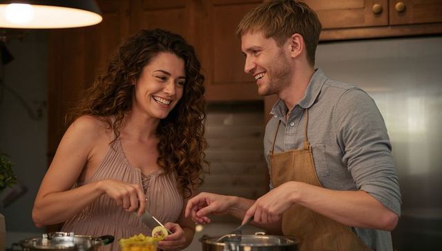 Couple cooking together in cozy kitchen sharing laughter and preparing homemade meal