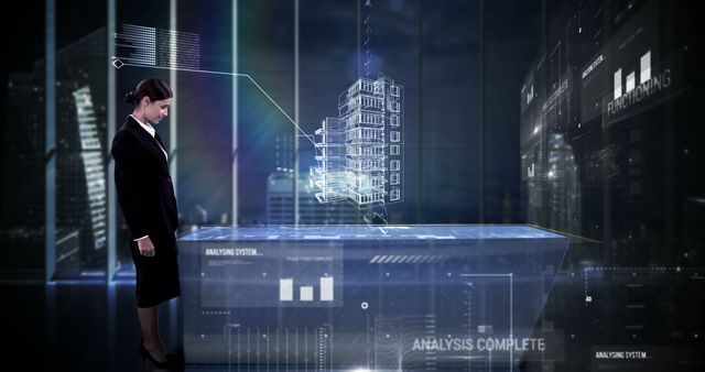 Businesswoman Using Futuristic Data Analysis Interface in Modern Office - Download Free Stock Images Pikwizard.com