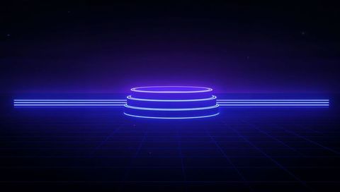 Glowing Neon Podium on Futuristic Grid with Triple Ring Lights and Retro Cyberpunk Glow