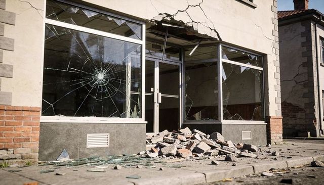 Storefront showing shattered glass, radial impact crack and sidewalk brick rubble
