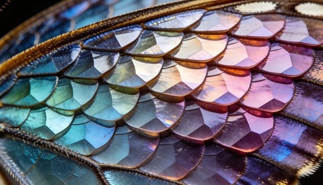 Iridescent butterfly wing scales gleaming in macro with faceted overlapping tiles
