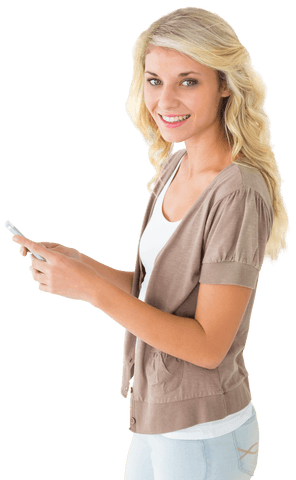 Attractive Blonde Woman Using Smartphone Isolated on Transparent Background
