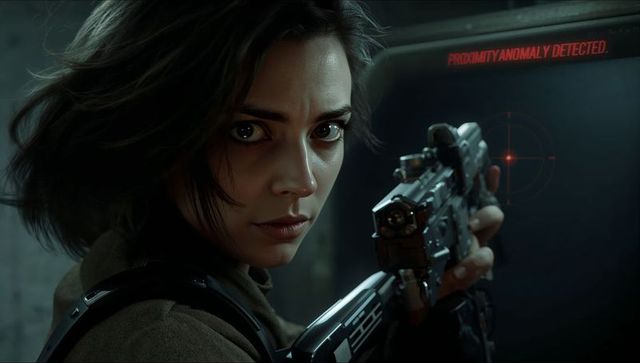 Female operative aiming hi-tech rifle with red alert reticle in futuristic tactical closeup