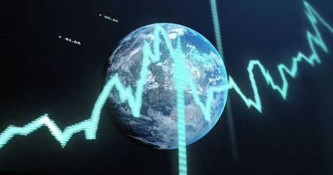 Earth orbiting with neon waveform overlay representing global data signals, analytics, trends