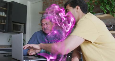 Senior learning digital skills while adult guiding on laptop with magenta ar swirl