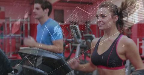 Woman Running on Treadmill with Digital Interface Connections