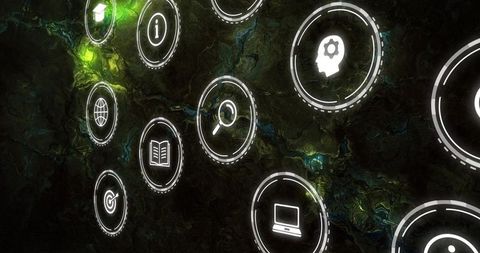 Glowing futuristic ui icons cluster expanding over dark marbled tech interface background