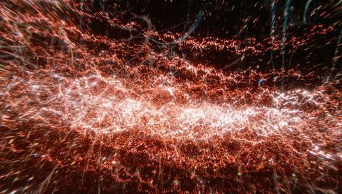 Flowing neon energy stream with red sparks and white filaments for futuristic background