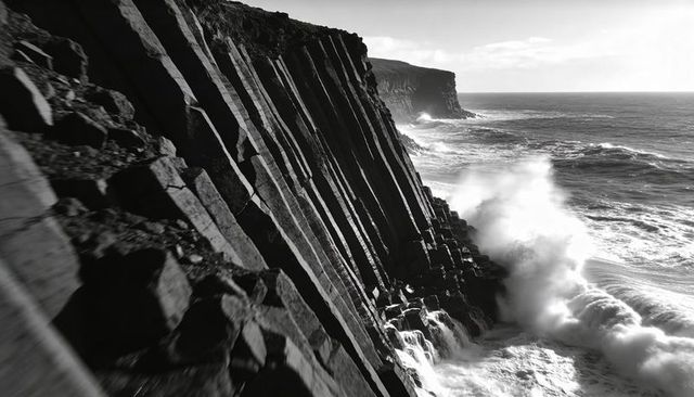 Monochrome Columnar Basalt Cliffs Tilting Above Rugged Coastline With Crashing Waves