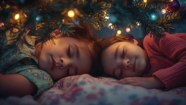 Sisters Sleeping Under Lit Christmas Tree with Cozy Pajamas