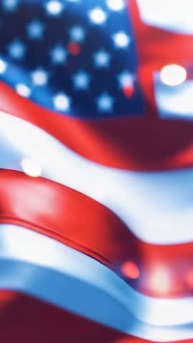 Rippling American Flag Fluttering with Soft Bokeh Lights Drifting | Vertical Video Loop