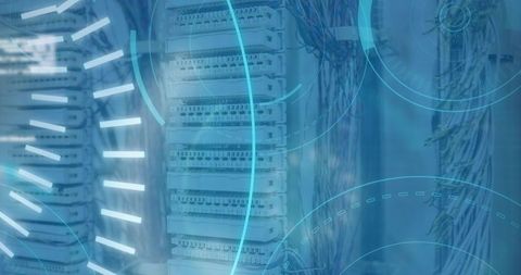 Futuristic digital interface overlaying data servers in technology hub