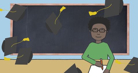 Joyful graduation scene with schoolboy writing amidst soaring hats