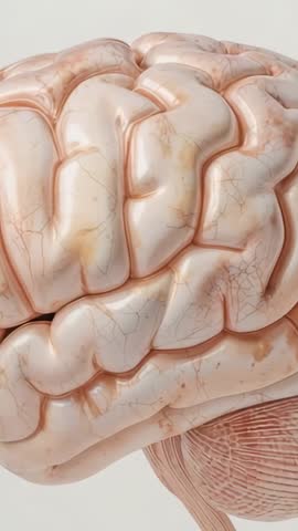 Camera approaching realistic brain model revealing gyri and sulci in vertical video