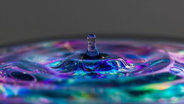 Iridescent water droplet crown macro with prismatic color ripples and luminescent bokeh