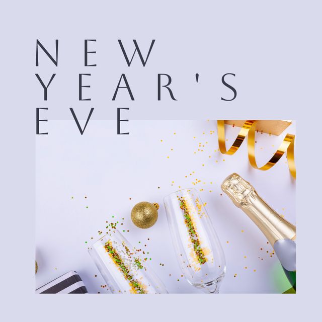 Perfect for promoting New Year's Eve parties and celebrations. Suitable for social media posts, event advertisements, invitation designs, and holiday greetings. Conveys festive and luxurious atmosphere with champagne and elegant decorations.