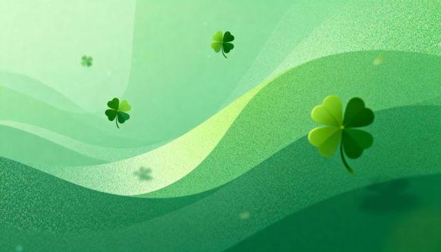 Four-leaf clover floating over abstract green waves with soft grain and bokeh