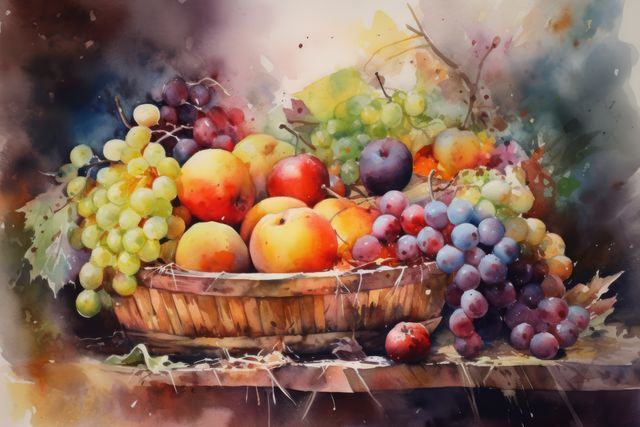 This vibrant illustration features a basket filled with various fruits like grapes and peaches, created in a watercolor painting style. Perfect for art enthusiasts, it can be used in kitchen decor, as a wall art piece, or in blogs and articles discussing healthy eating and fresh produce.