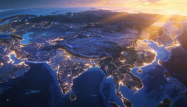 Orbiting view showing south and east asia illuminated by city lights at night