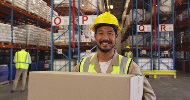 Warehouse worker in safety gear, holding a box, standing in distribution center environment. Ideal for illustrating industrial work, logistics, inventory management, shipping activities, or safety protocols in warehouse settings.