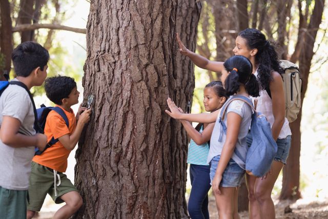 Teacher guiding children in forest, touching tree trunk, learning about nature. Ideal for educational materials, environmental campaigns, outdoor adventure promotions, and family bonding themes.