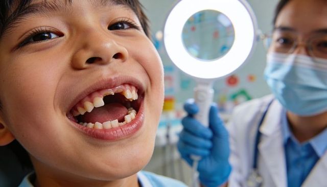 Child showing loose tooth in pediatric dental checkup with clinician holding ring light