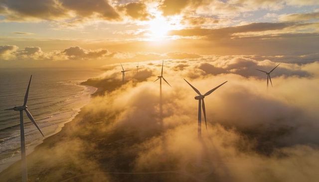 Golden-hour wind turbines turning above coastal fog at sunrise over ocean