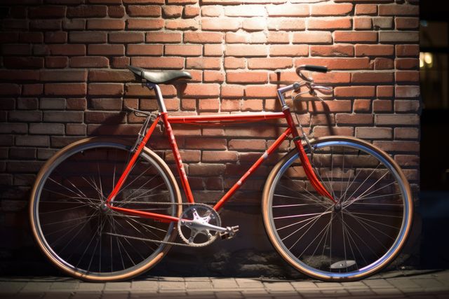 A vintage red bicycle is parked against a brick wall in a city alley. The bike has a sleek, simple design and is well-lit, highlighting its retro style features. Ideal for use in themes focusing on urban life, transportation, eco-friendly travel, and vintage aesthetics. It can be used in advertisements, blog posts, or social media content centered around cycling, city exploration, or retro fashion.