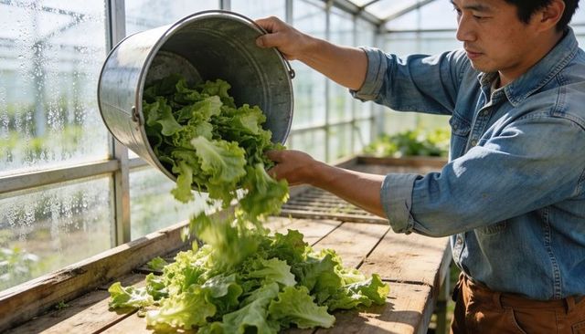 Greenhouse farmer tipping bucket of fresh lettuce onto wooden bench during harvest