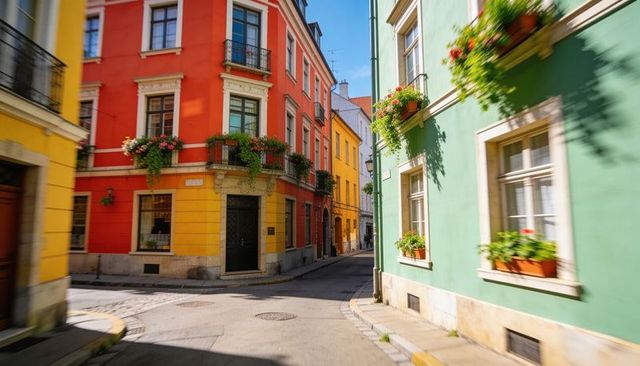 Sunlit colorful old town corner with flower boxes, iron balconies and curving cobblestone street