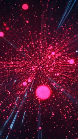 Radiating neon core emitting pink particles and cyan trails in vertical cosmic tunnel