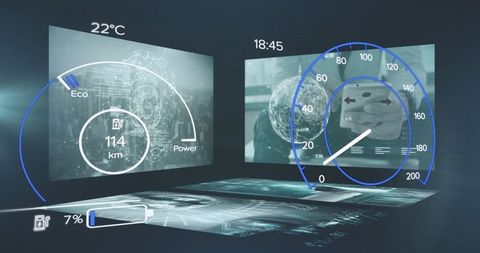 Futuristic holographic car dashboard interface visualization