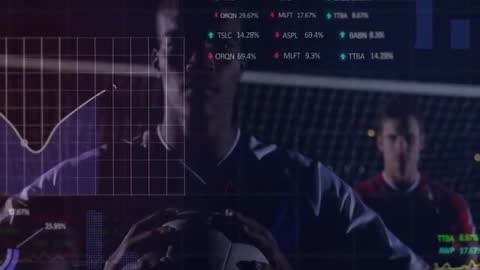 Soccer Players Holding Ball with Financial Data Animation Overlay