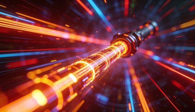 Neon data conduit racing through futuristic sci-fi tunnel with glowing energy rings