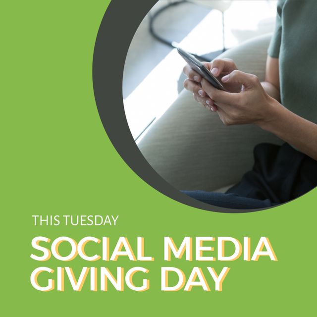 Caucasian woman using smartphone with green promotional text for Social Media Giving Day. Ideal for online fundraising campaigns, charitable organization promotions, and awareness initiatives.