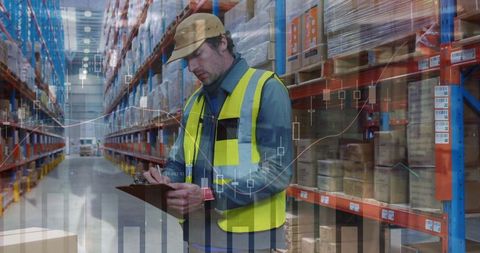 Warehouse Worker in Safety Vest Recording Inventory in Facility Aisle
