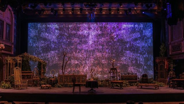 Vintage proscenium stage with antique parlor set, victorian furniture and led backdrop
