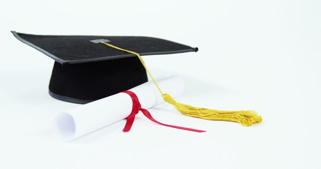 A graduation cap alongside a diploma tied with a red ribbon, with copy space. These symbols represent academic achievement and the completion of a significant educational milestone.