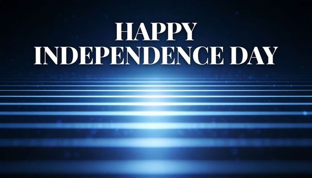 Neon blue independence day banner celebrating freedom with glowing horizontal stripes
