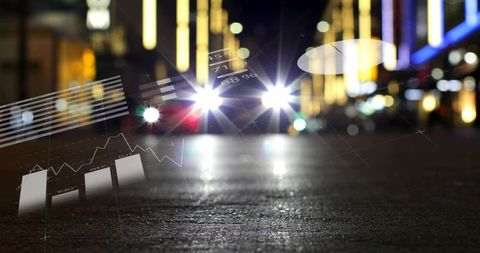 Urban Night Street with Oncoming Headlights Flaring and Augmented Reality Data Overlays