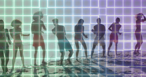 Joyful Friends Dancing on Beach at Sunset with Digital Grid