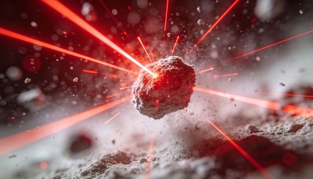 Glowing porous rock fragment reflecting red laser beams with suspended dust particles macro
