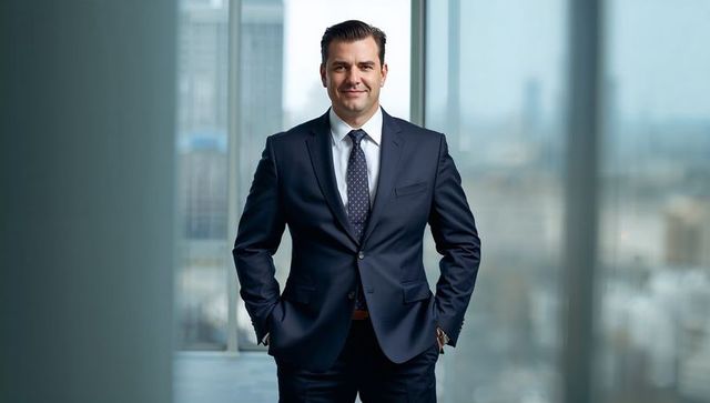 Standing confident corporate executive in navy suit and tie with urban skyline view
