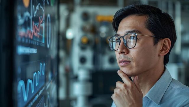 Engineer Analyzing Real-Time Data Visualization on Vertical Dashboard in Research Lab