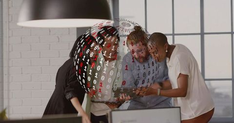 Team collaborating and analyzing binary hologram on tablet for data visualization